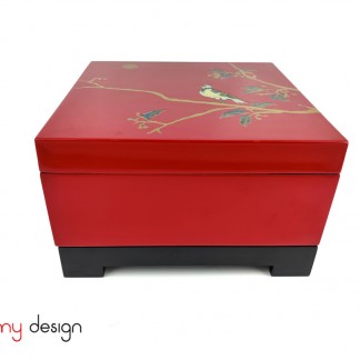 Red square lacquer box hand painted with bird on the branch included with stand 25 cm